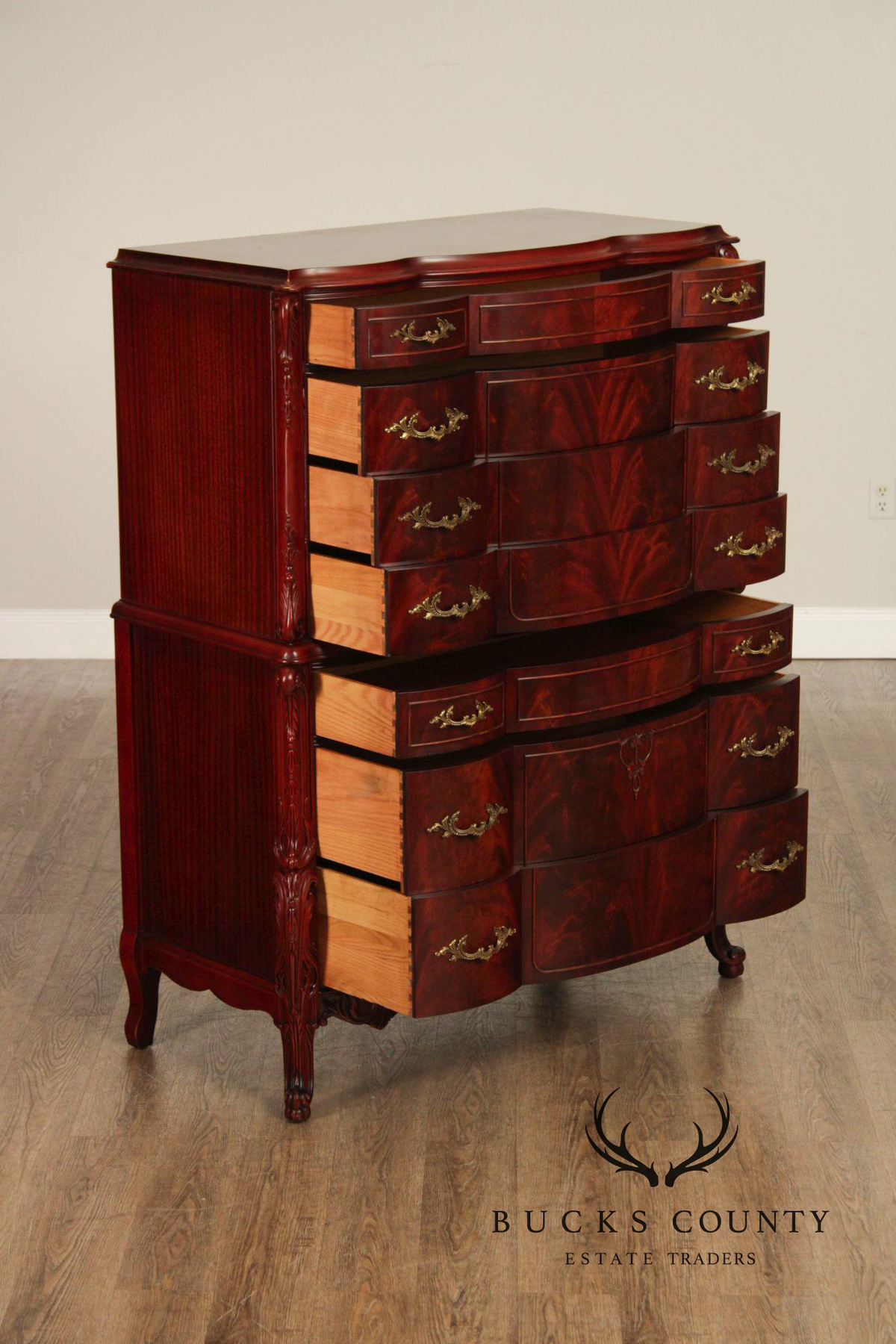 1940's French Louis XV Style Flame Mahogany Tall Chest