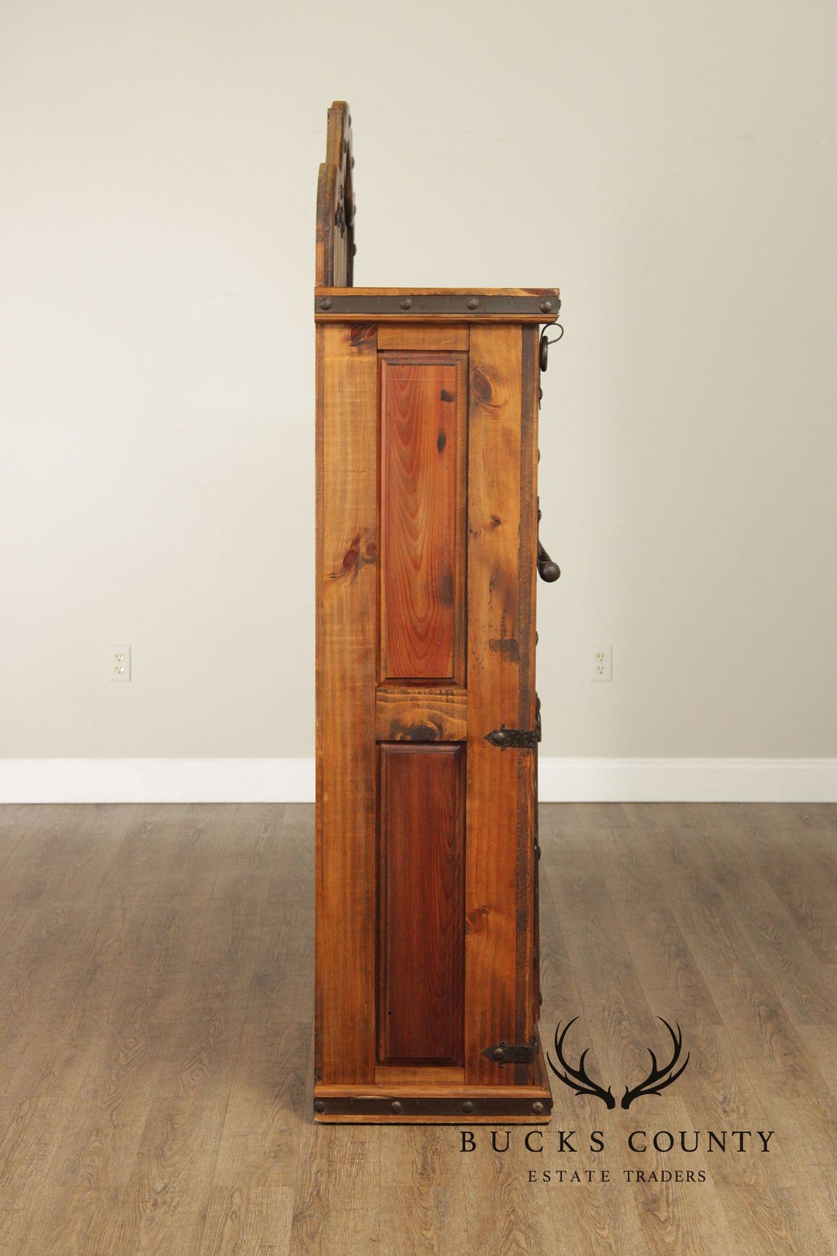 Rustic Spanish Colonial Style Pine Iron Mounted Sideboard Hutch