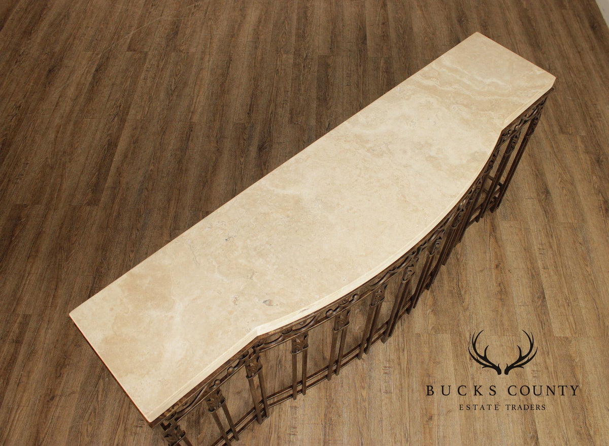 Wrought Iron Travertine Top Long Console Table