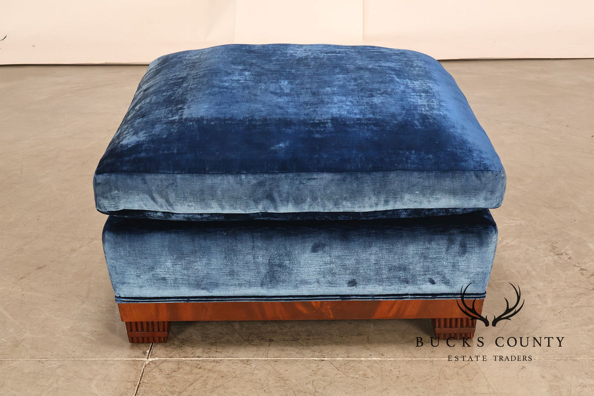 Art Deco Style Large Custom Blue Velvet and Mahogany Ottoman
