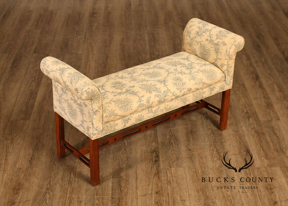 Ethan Allen Traditional Chippendale Style Floral Upholstered Rolled Arm Window Bench