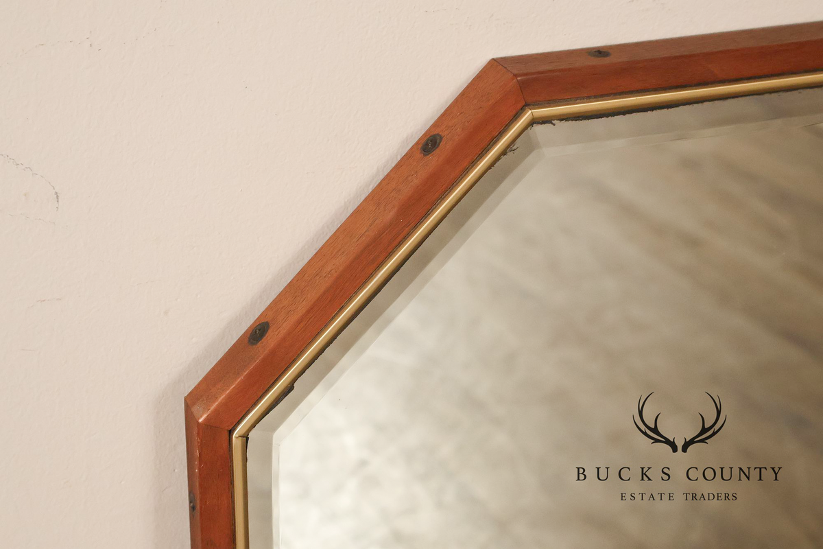 Mid Century Modern Walnut Frame Large Octagonal Wall Mirror