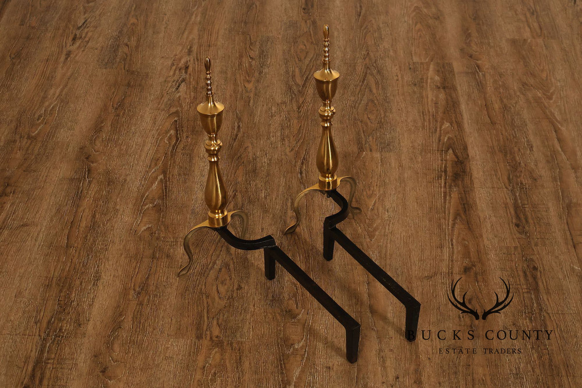Federal Style Pair of Brass Fireplace Andirons