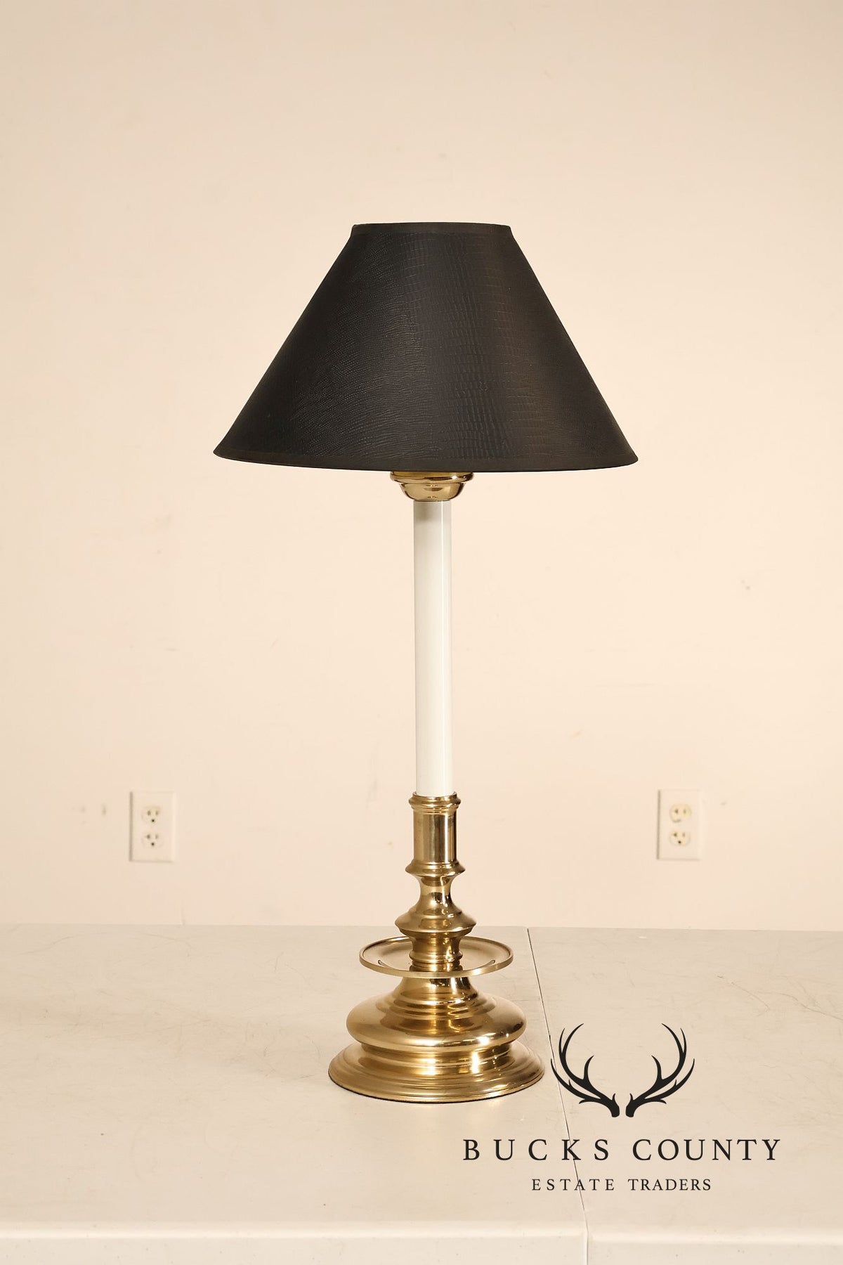 Pair of Brass Candlestick Style Table Lamps with Black Faux Alligator Shades