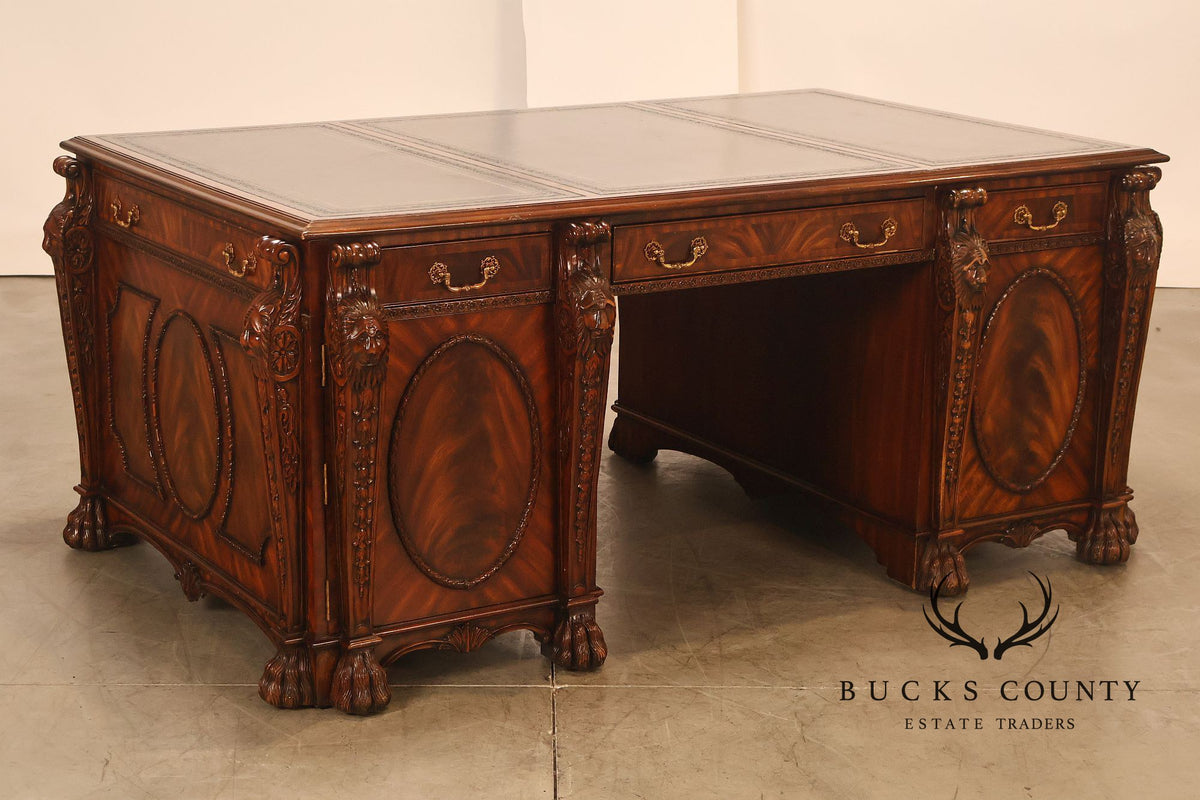 Maitland-Smith Carved Mahogany Leather Top Executive Partner's Desk