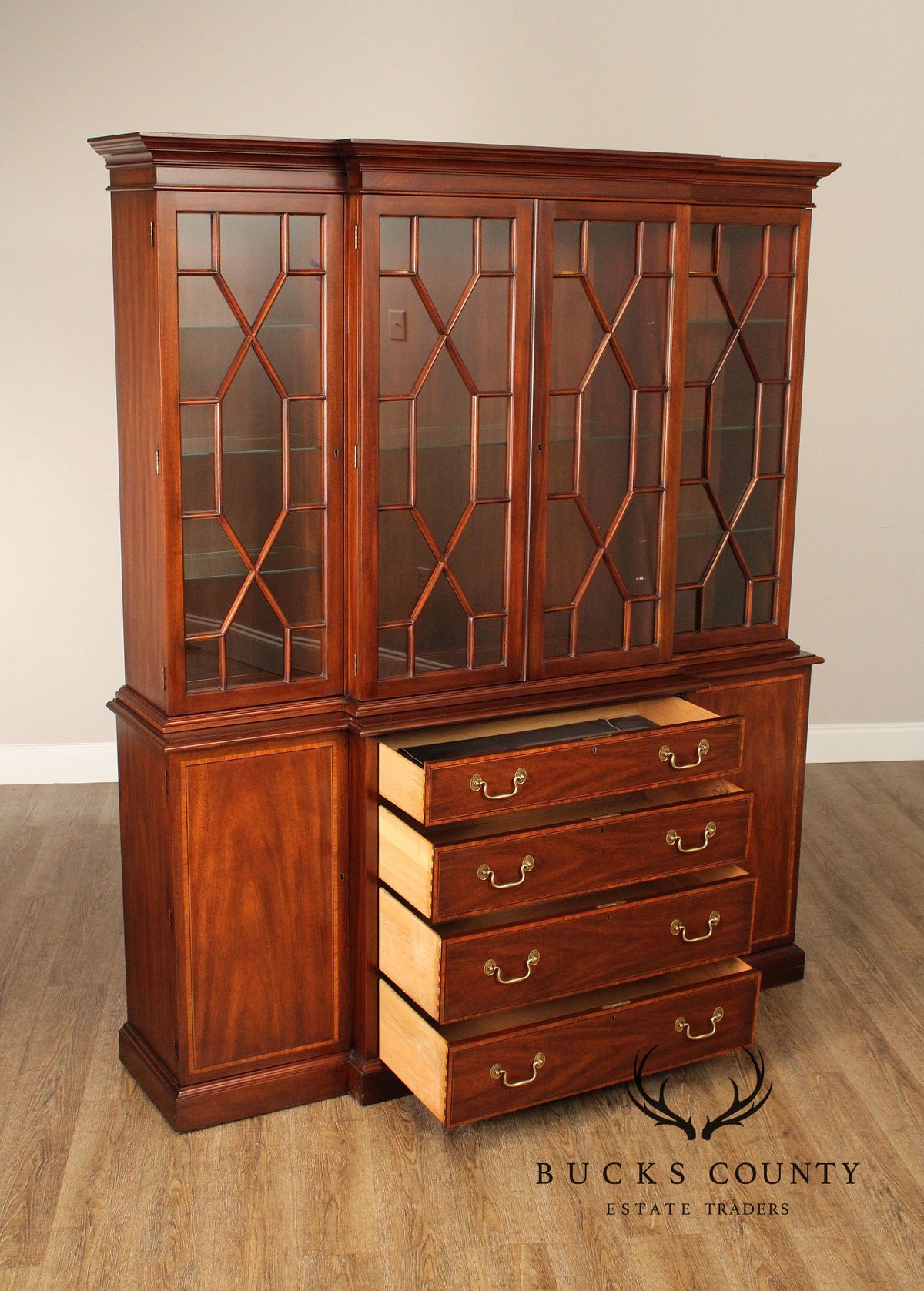 Henkel Harris Georgian Style Inlaid Mahogany Breakfront Bookcase