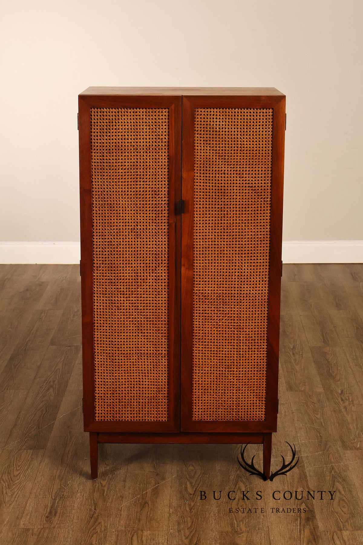 Mid-Century Modern Walnut Cane-Front Storage Cabinet