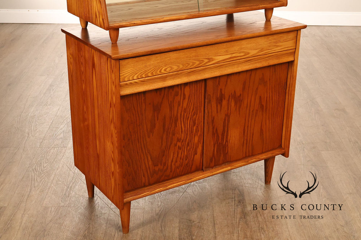 Mid Century Modern Two-Piece Oak and Glass China Cabinet