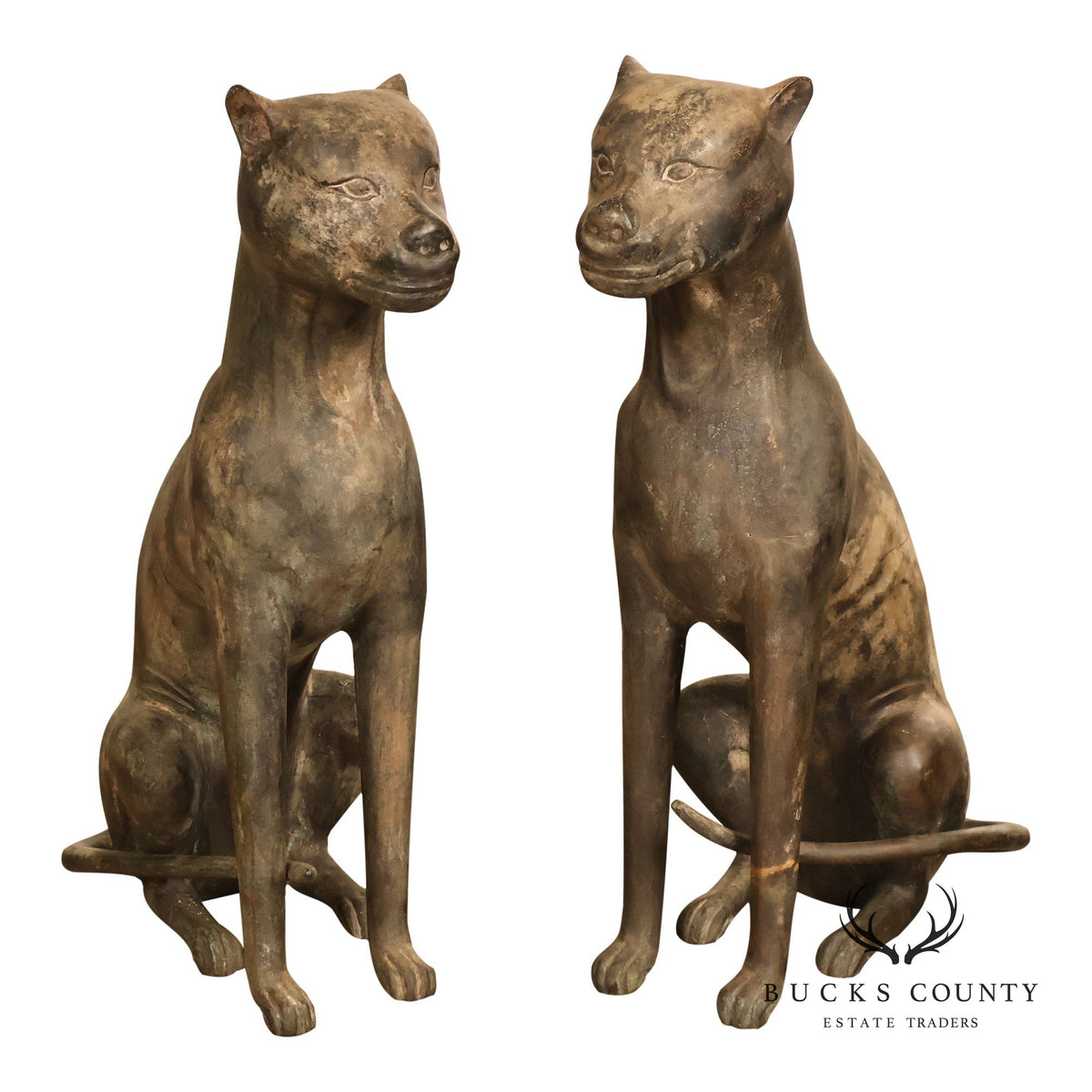 Egyptian Revival Bronze Pair Of Seated Cat Garden Sculptures