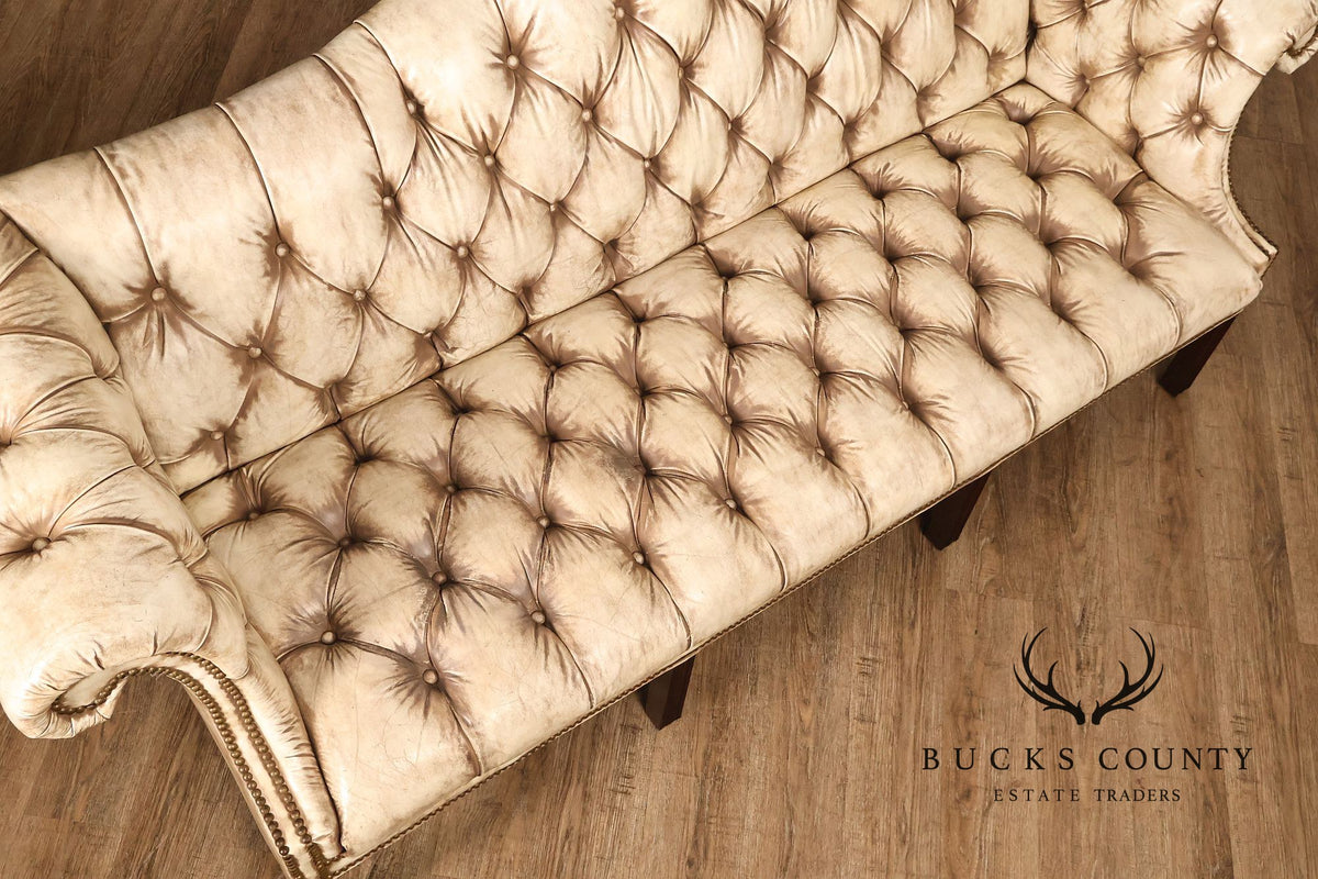 Chippendale Style Camelback Vintage Tufted Chesterfield Leather Sofa