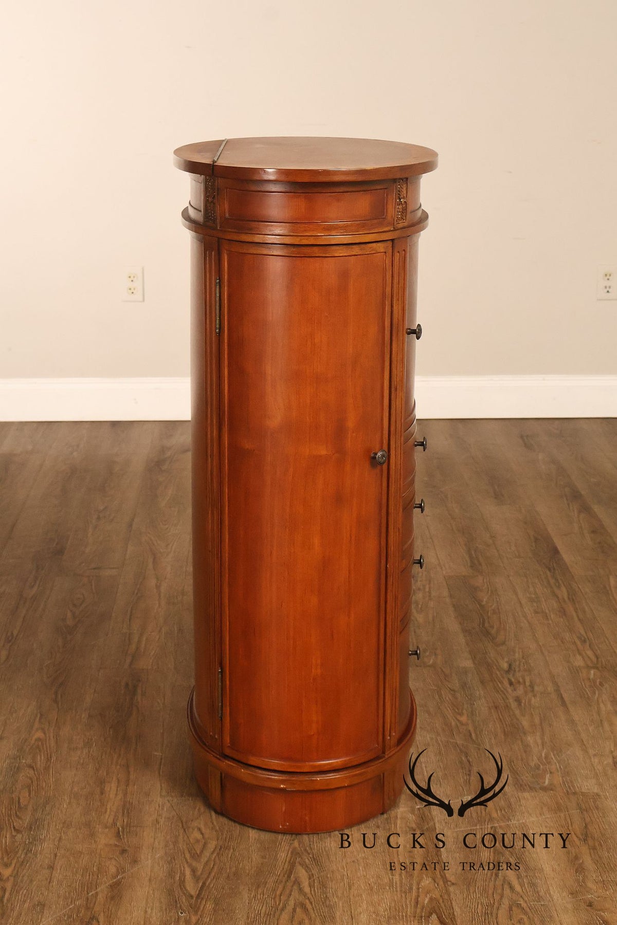 Oval Burl Wood Jewelry Armoire With Lift Top And Side Doors