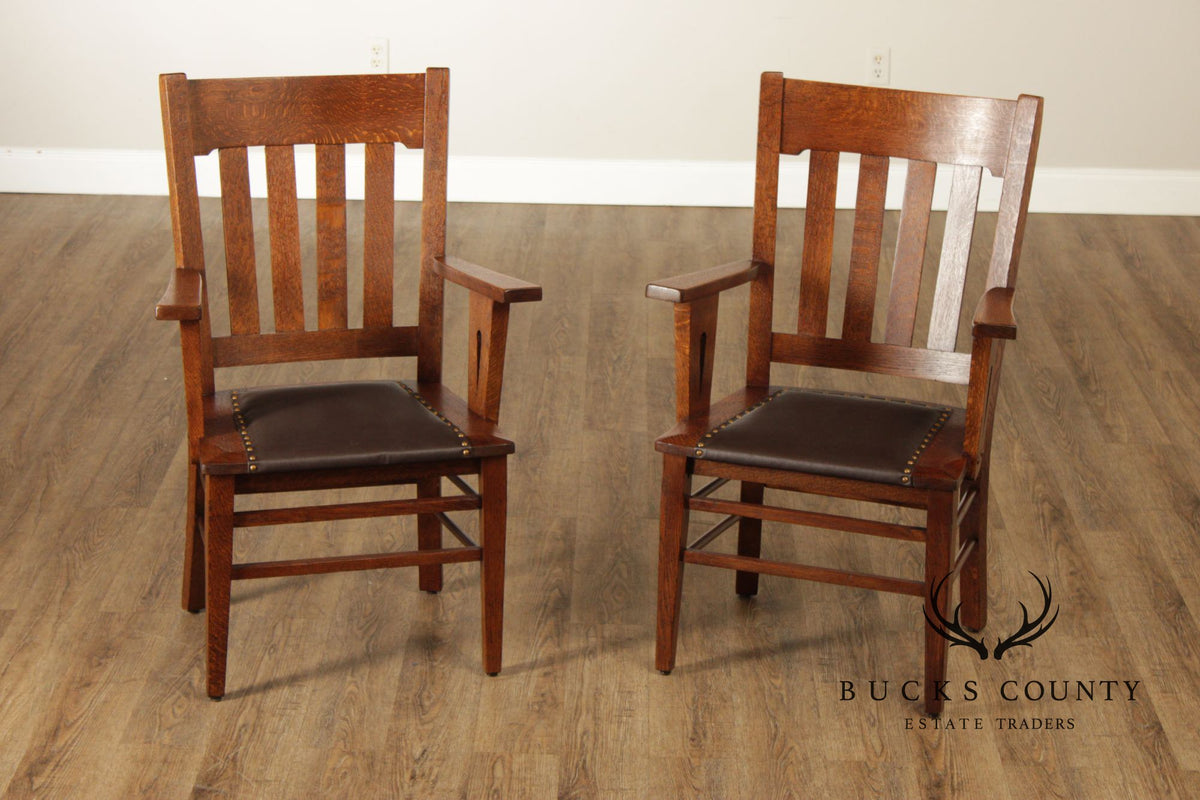 Antique Pair Of Arts & Crafts Style Oak Armchairs