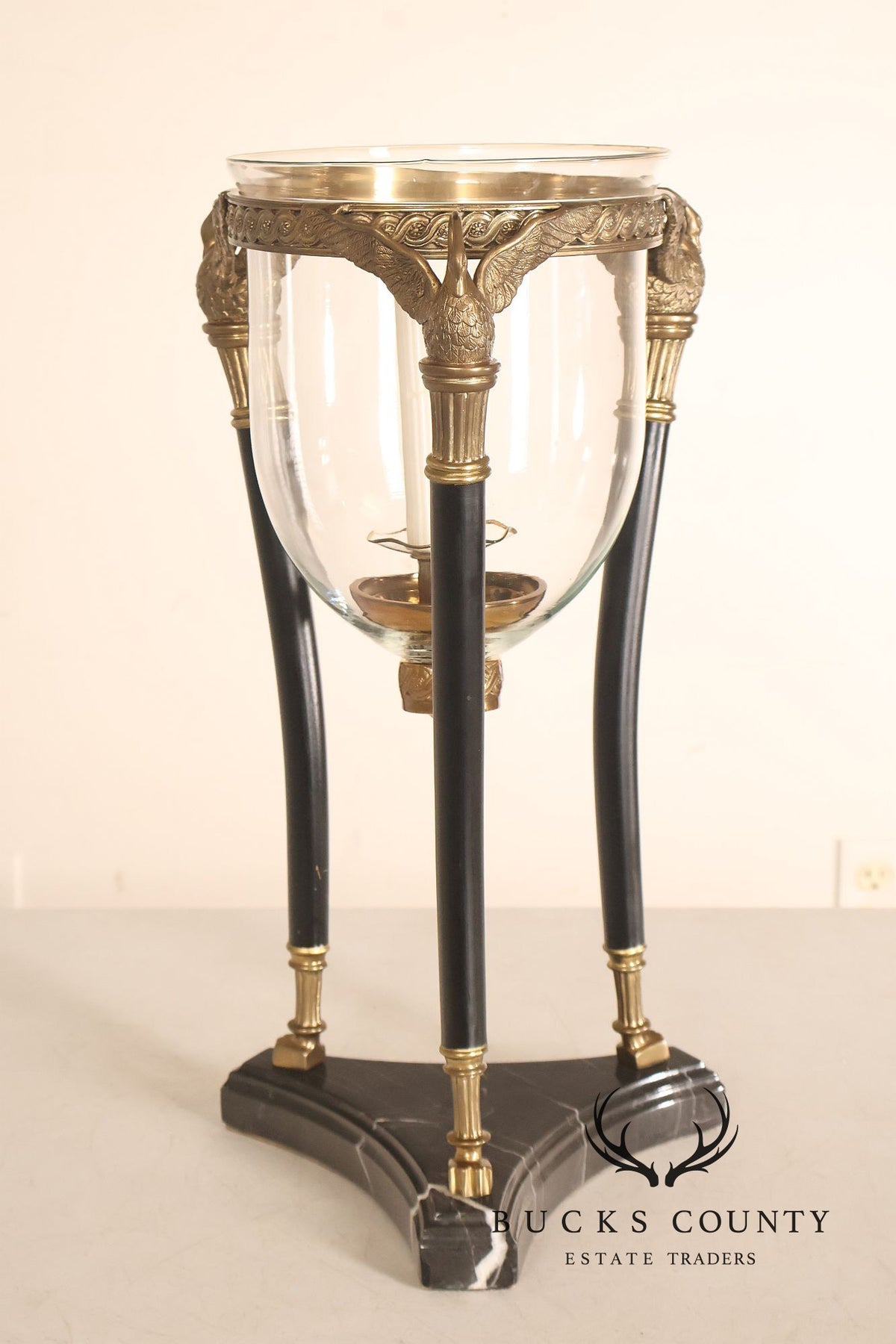 Empire Style Brass Swan And Marble Hurricane Candle Holder