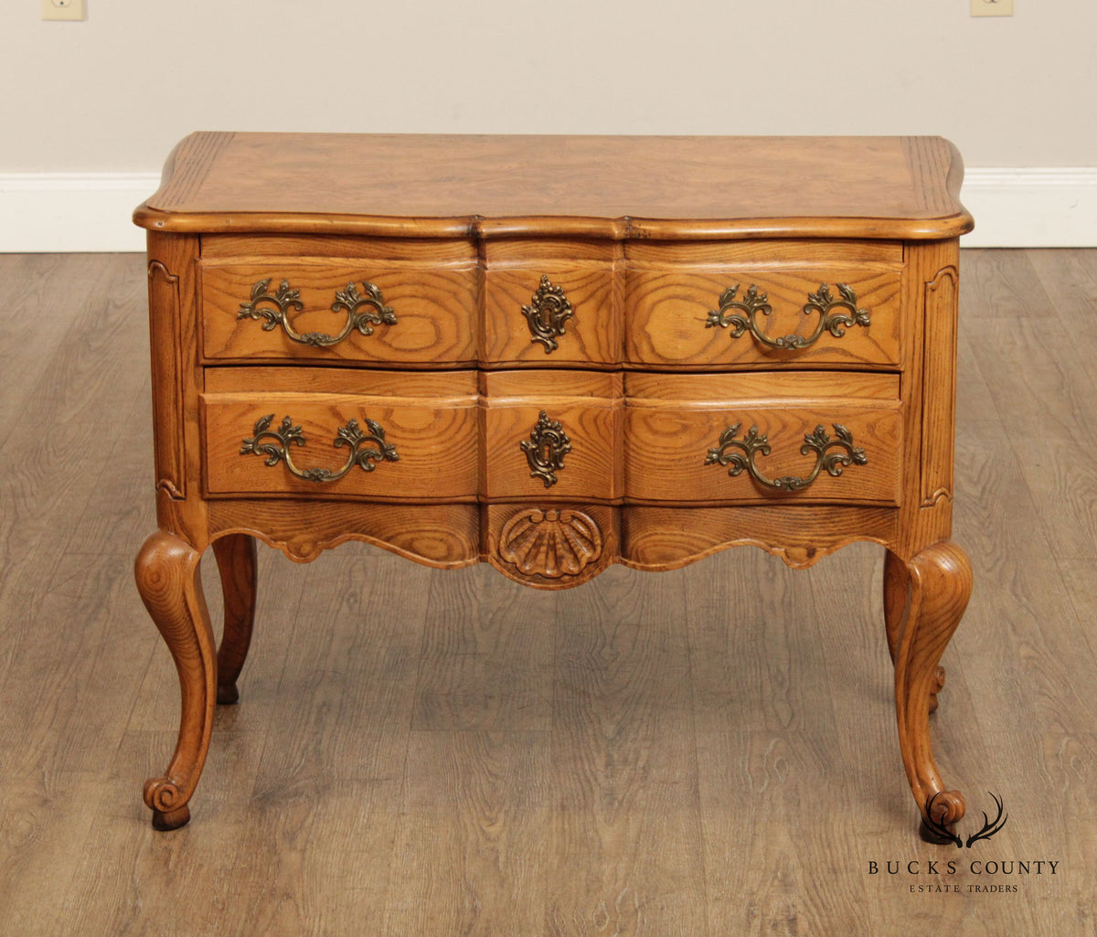 Baker French Rococo Style Burl Wood Two Drawer Nightstand Chest