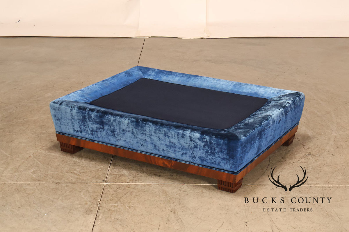 Art Deco Style Large Custom Blue Velvet and Mahogany Ottoman