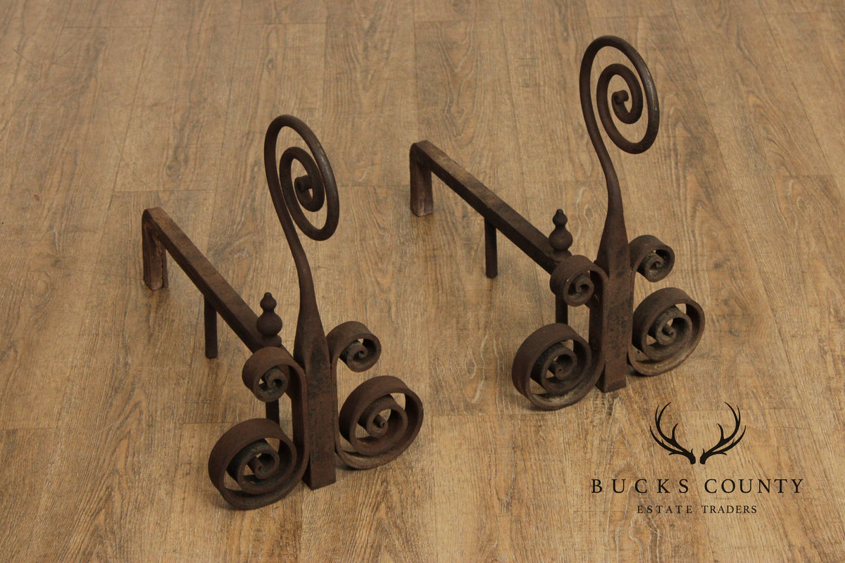 Antique Pair of Hand Forged of Fireplace Andirons