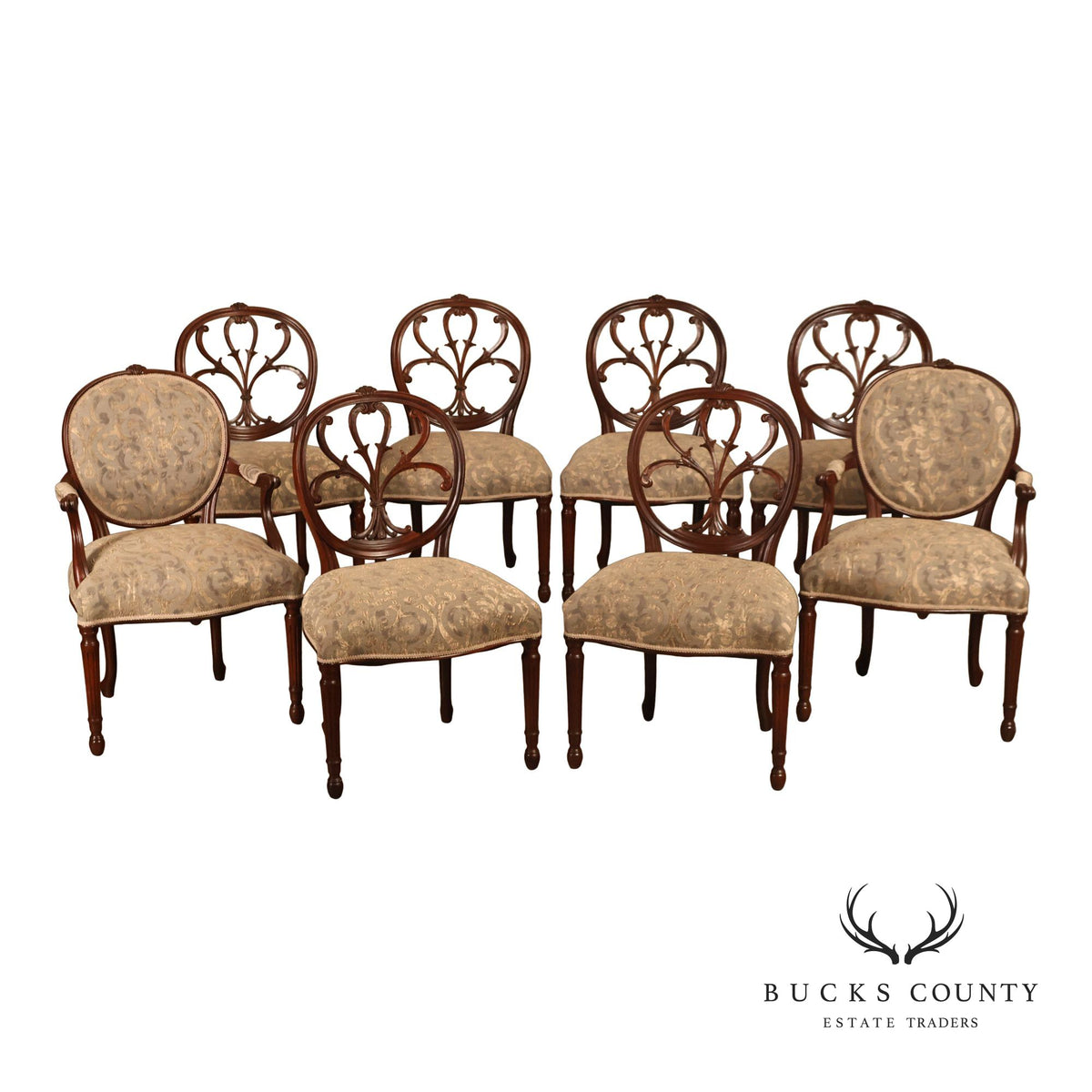 Hepplewhite Inspired Set Of Eight Mahogany Carved Oval Back  Dining Chairs