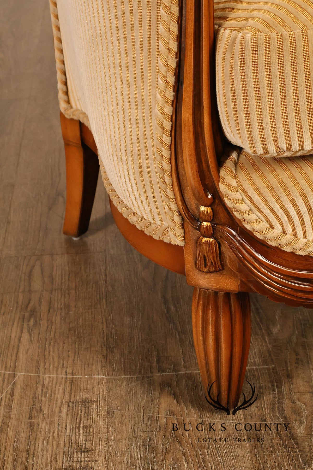 Medea Furniture Pair of  Louis XVI Style Carved Bergere Armchairs With Gold Striped Velvet Upholstery
