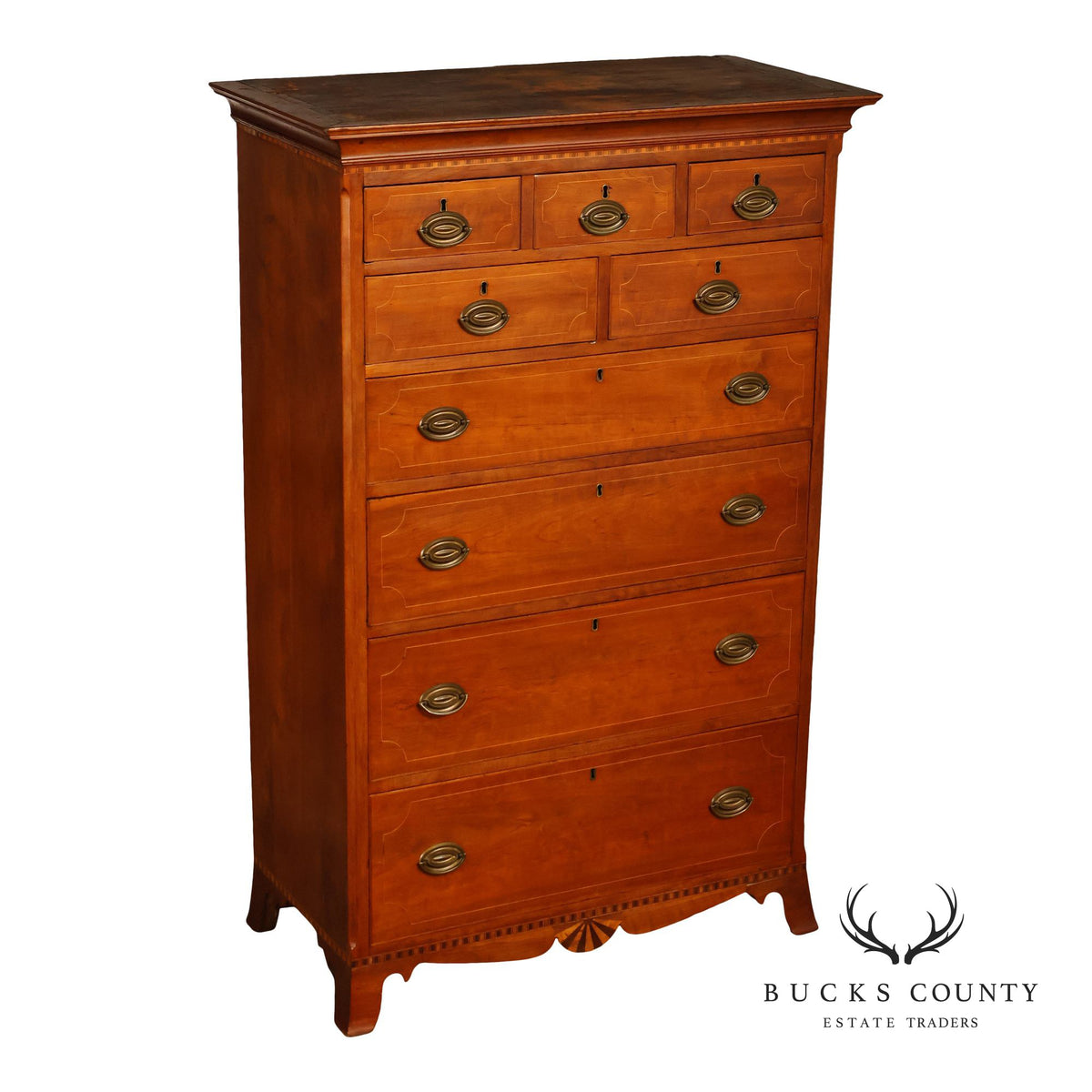 Antique Hepplewhite Inlaid Cherry Tall Dresser