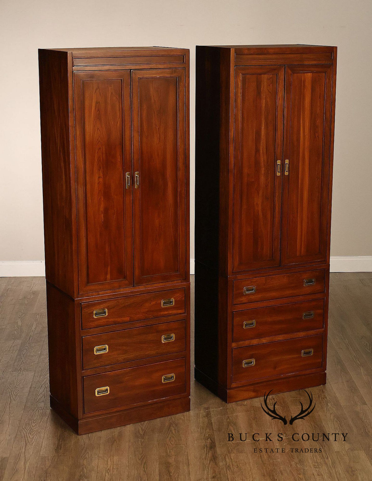 Ethan Allen Campaign Style Pair of Walnut Armoires