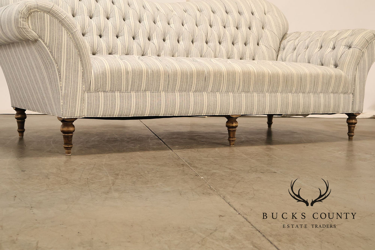 Cambridge Collection Tufted Blue And White Striped Upholstered Sofa