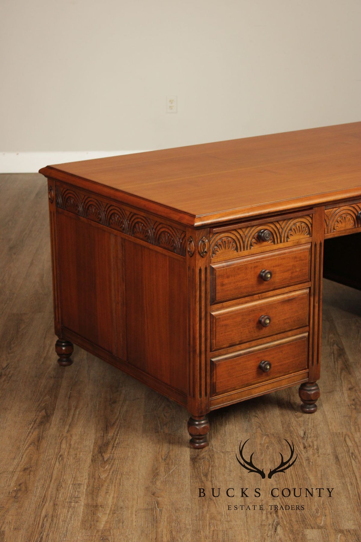 1930 Walnut Carved Pedestal Executive Desk with Pull-Out Writing Slides