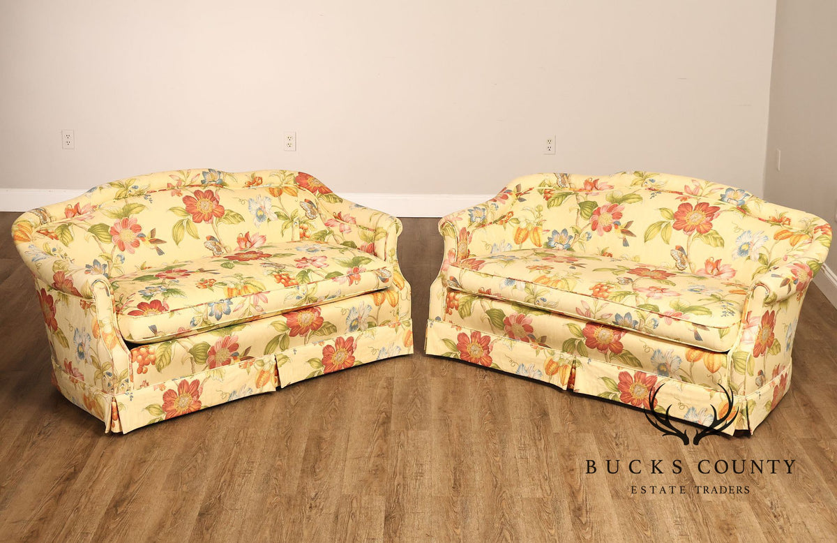 Custom Upholstered Pair Of Floral Chintz Skirted Loveseats