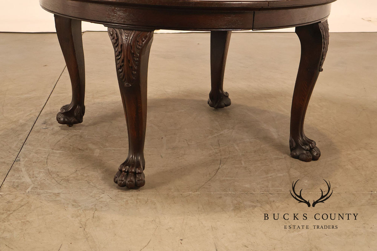 Antique Renaissance Revival Round Oak Expandable Dining Table