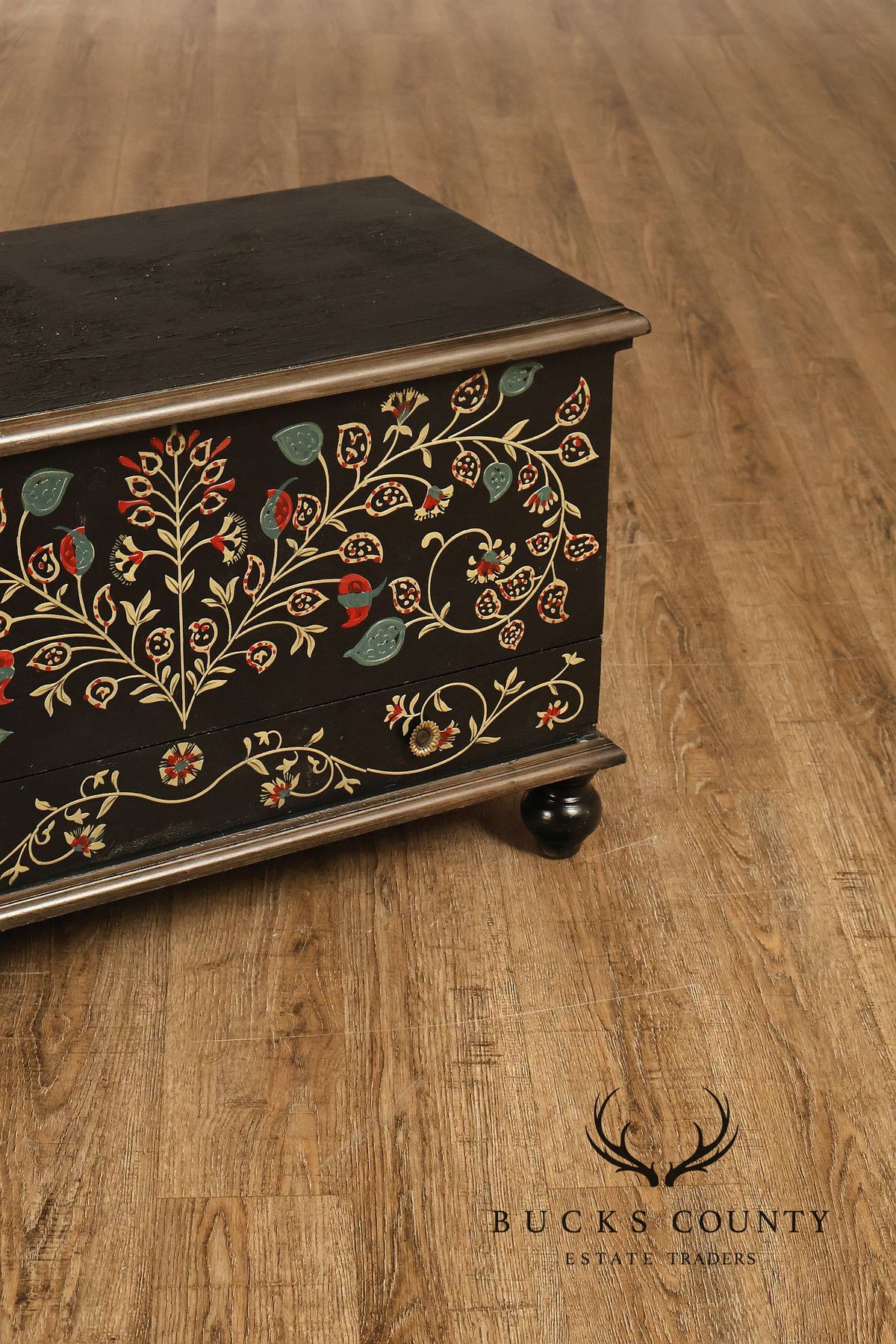 Hand Painted Black Floral Decorated Blanket Chest With Drawer