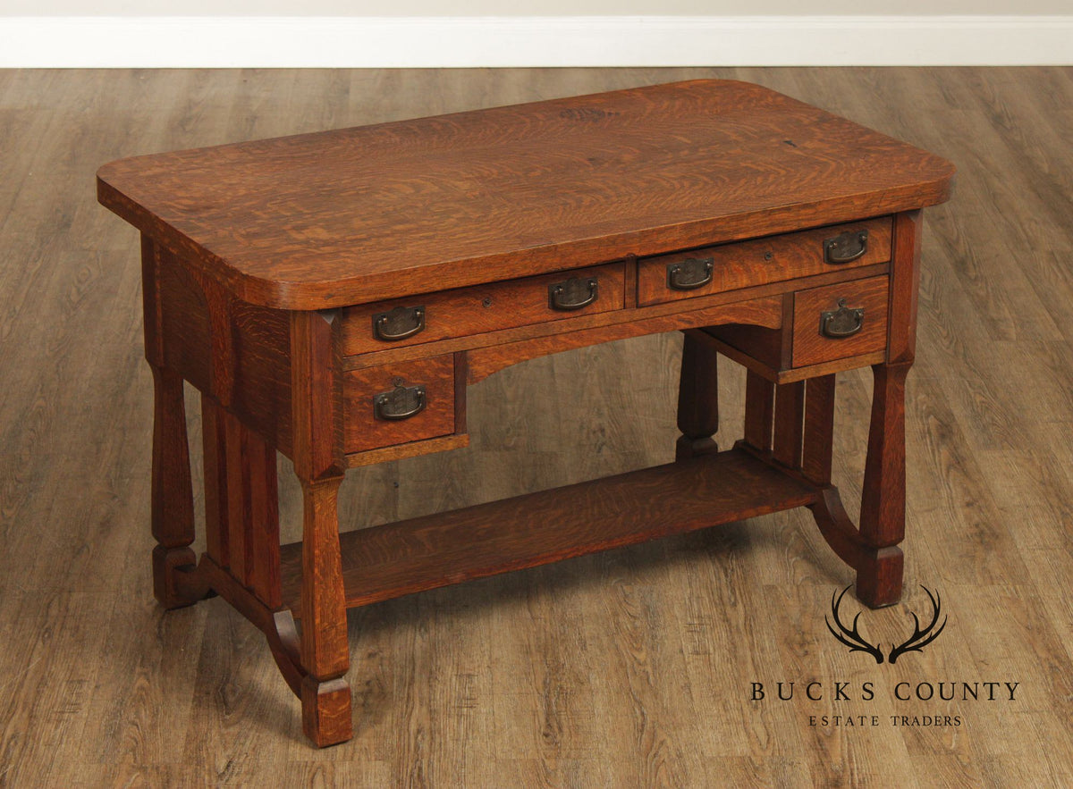 Antique Mission Arts & Crafts Quarter Sawn Oak 5 Drawer Library Table Desk
