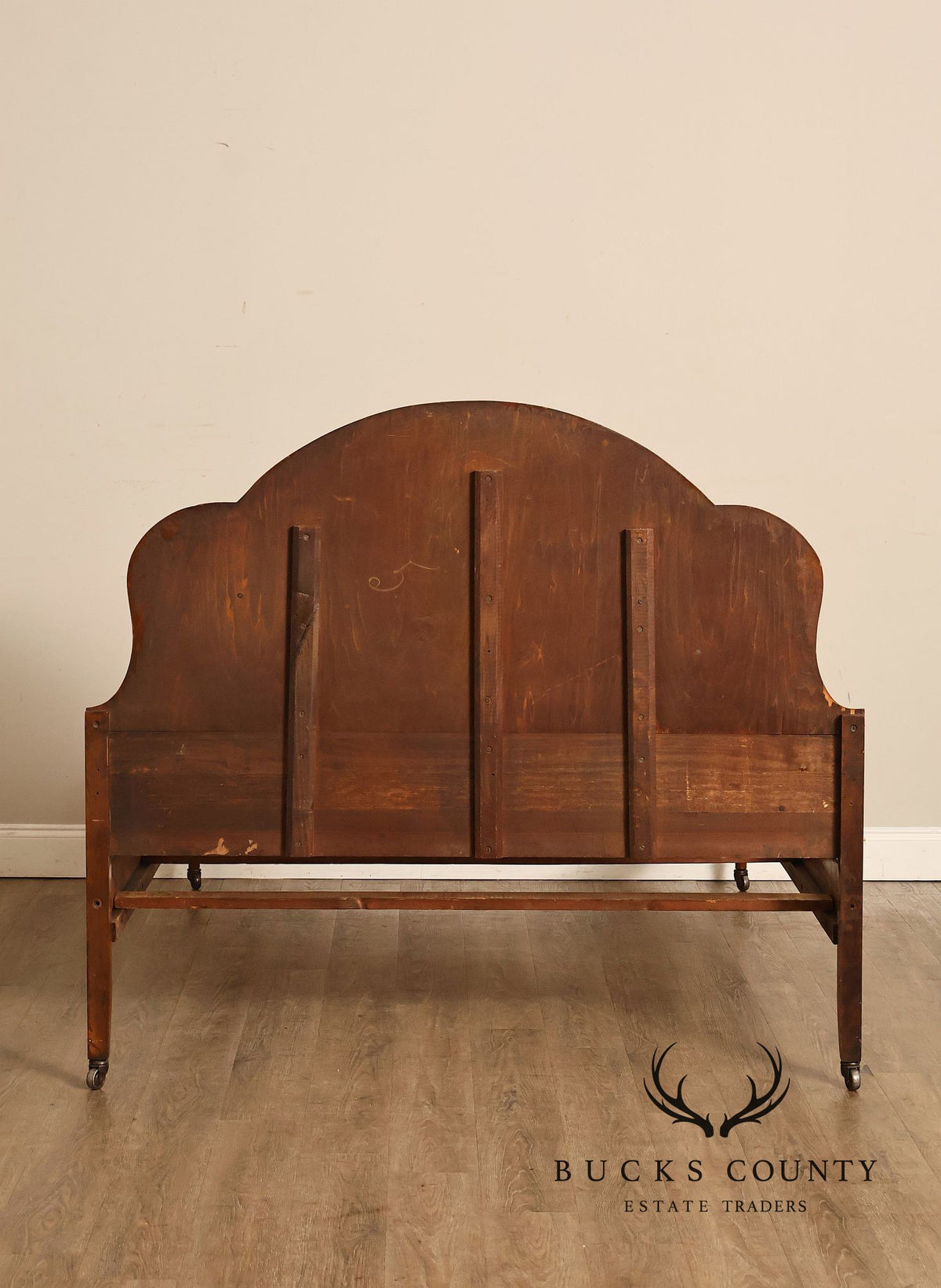 Antique Victorian Walnut Full Size Bedframe With Carved Floral Accents And Decorative Inlay