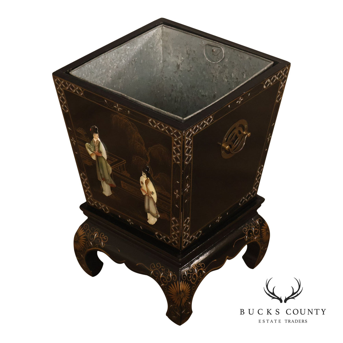Chinese Black Lacquer Mother Of Pearl Inlaid Figural Planter On Matching Stand