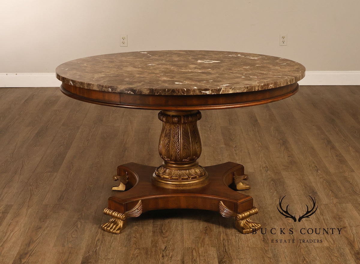 Drexel Neoclassical Revival Round Marble Top Pedestal Dining or Center Table With Claw Feet