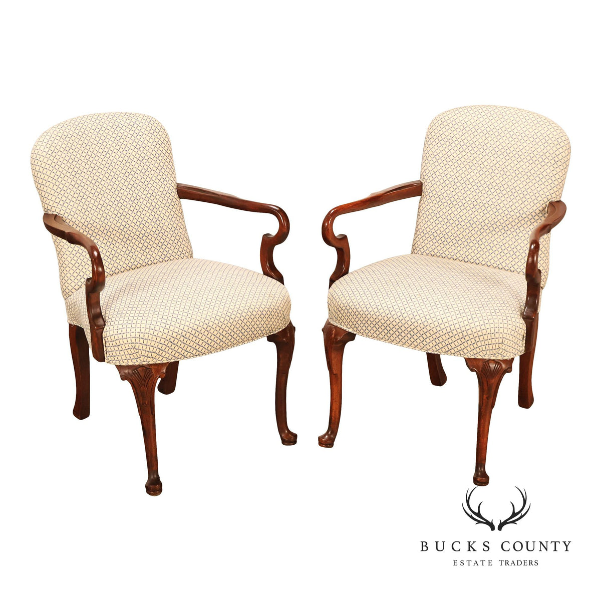 Queen Anne Style Pair of Mahogany Armchairs