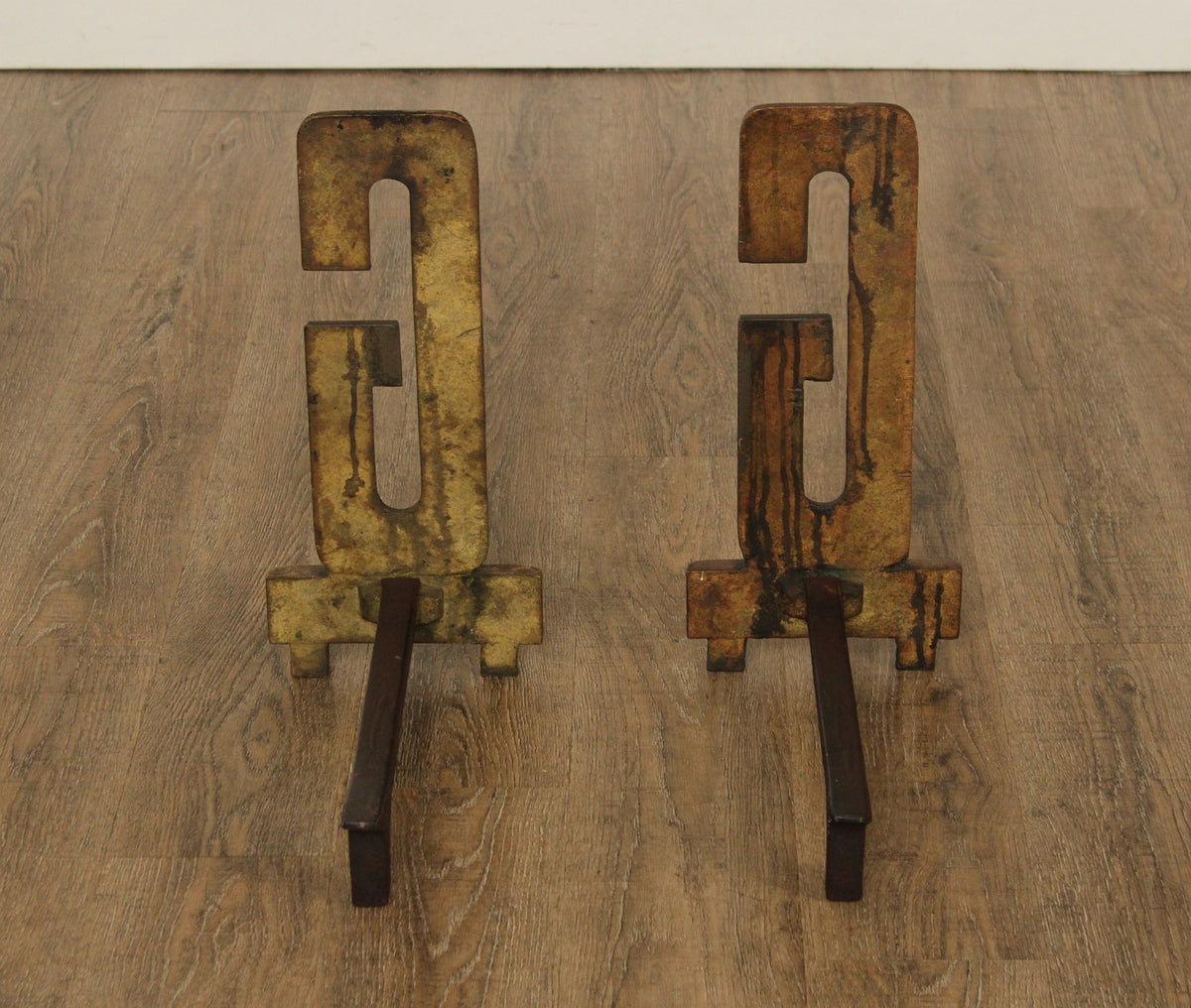 Pair Of Vintage Brass And Iron Monogram "G" Andirons