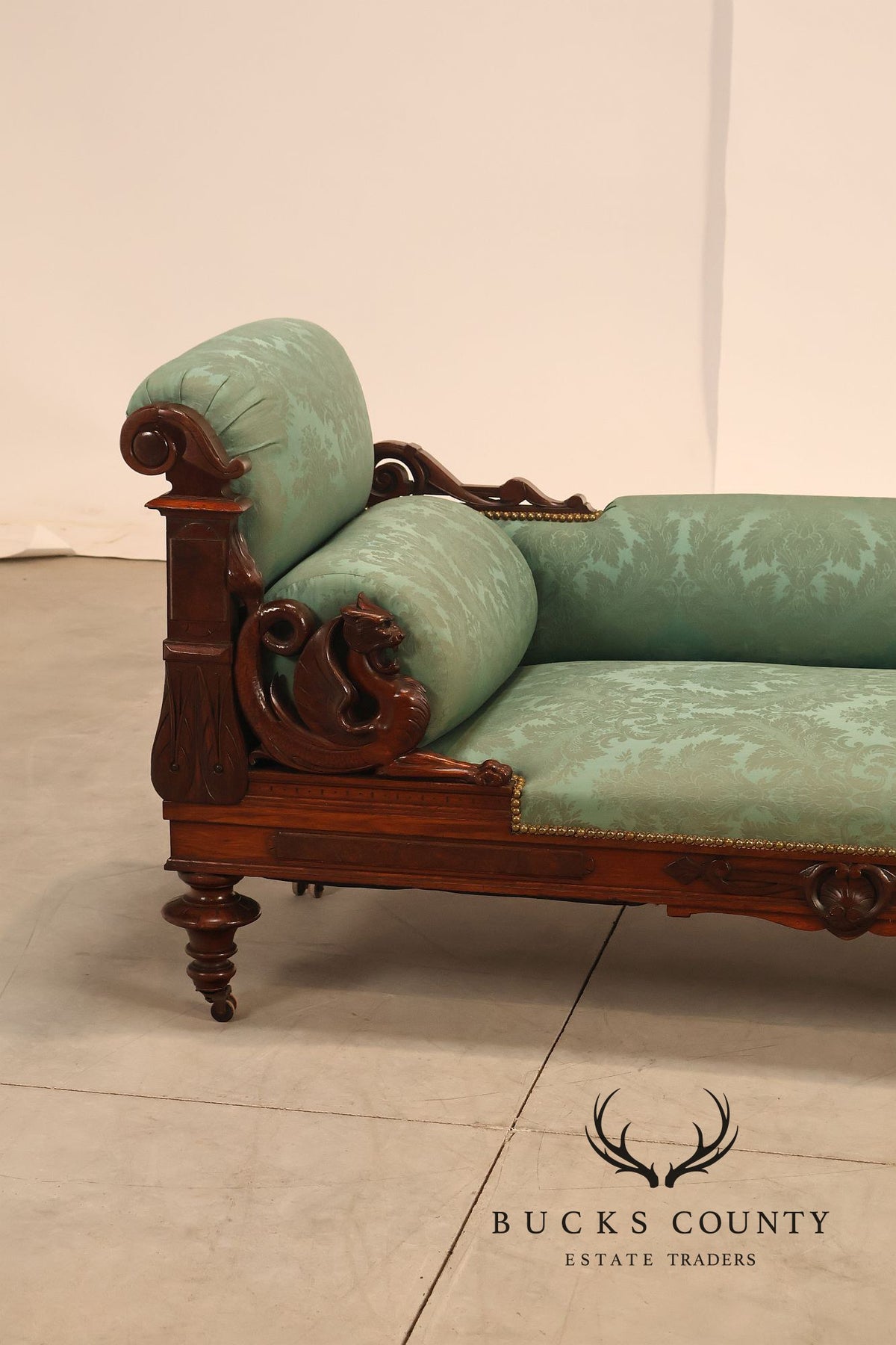 Antique American Renaissance Revival Style Carved Walnut Recamier Chaise Lounge