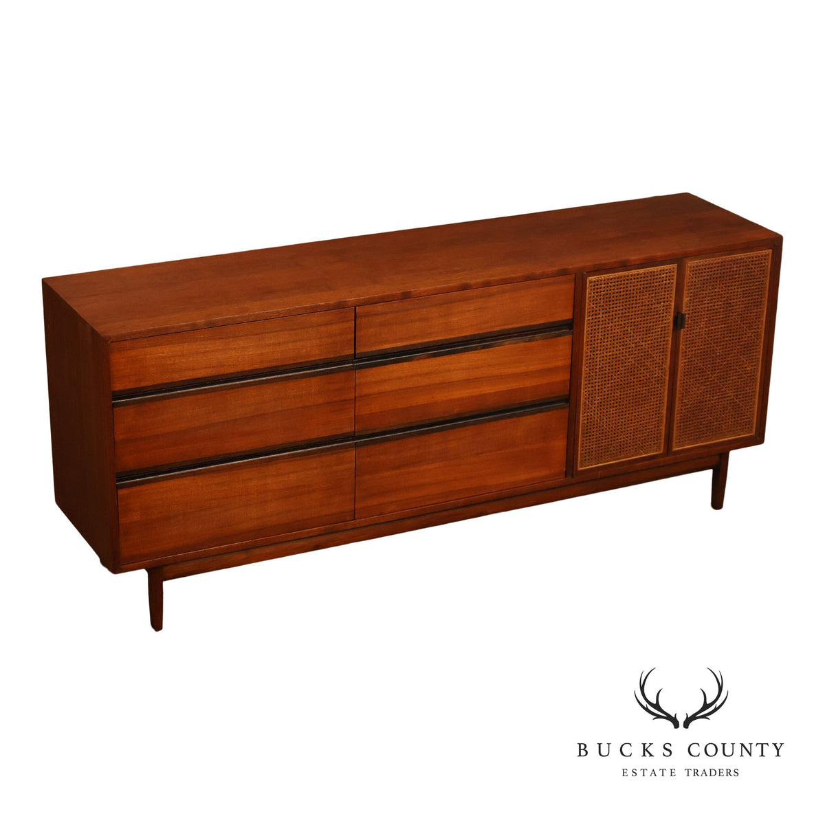 Calvin Mid Century Modern Cane Door Teak Dresser