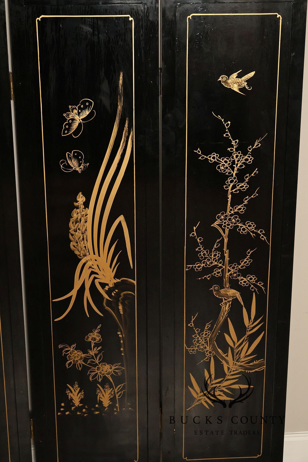 Asian Black Lacquer Vintage Pair Of Four Panel Folding Screens With Mother Of Pearl Inlay