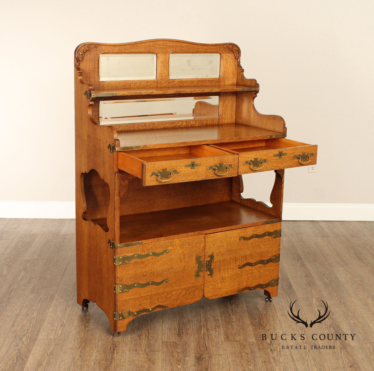 Antique Victorian Golden Oak Sideboard With Mirrored Back