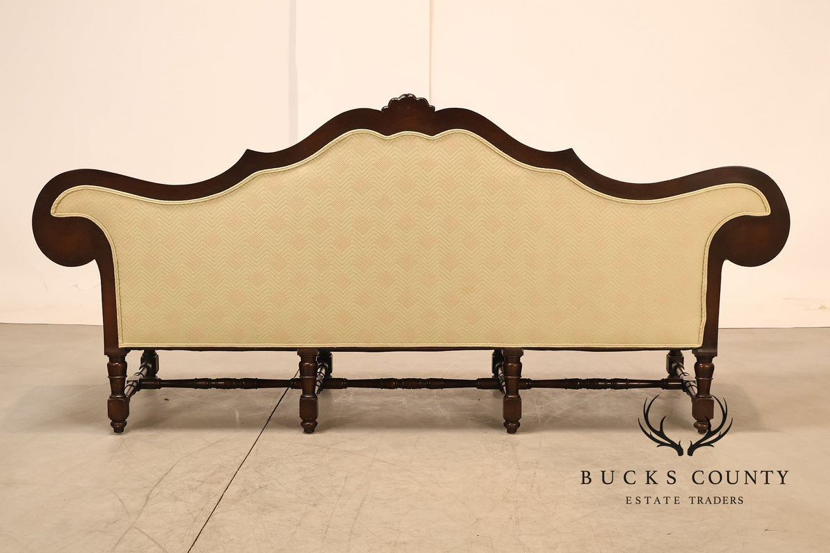 Antique Italian Rococo Carved Walnut Frame Long Sofa