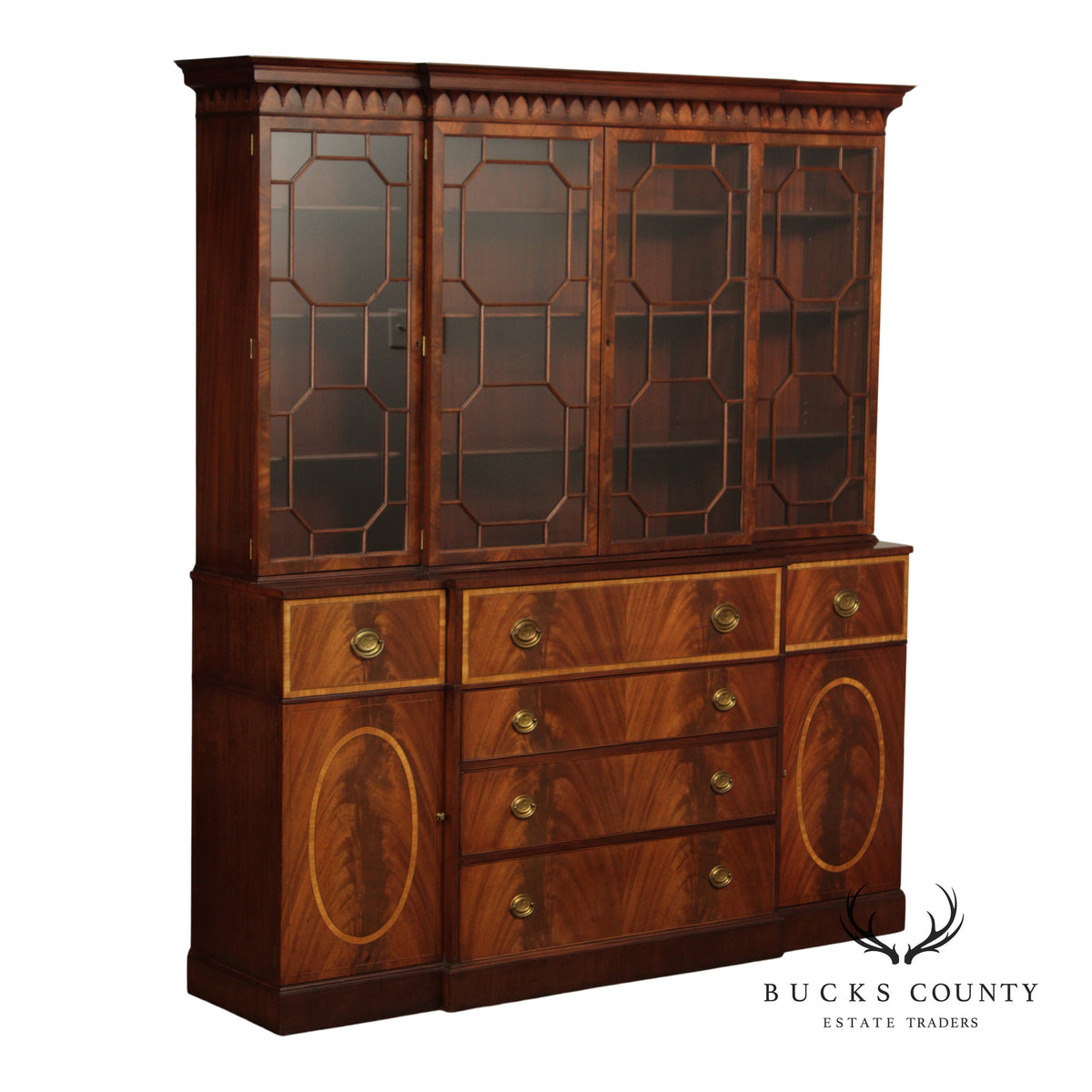 1940's Georgian Style Mahogany Breakfront Secretary Bookcase With Inlaid Detailing