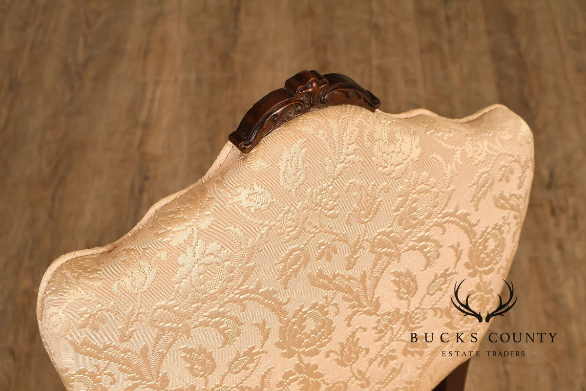 Traditional Mahogany Carved Side Chair With Floral Damask Upholstery