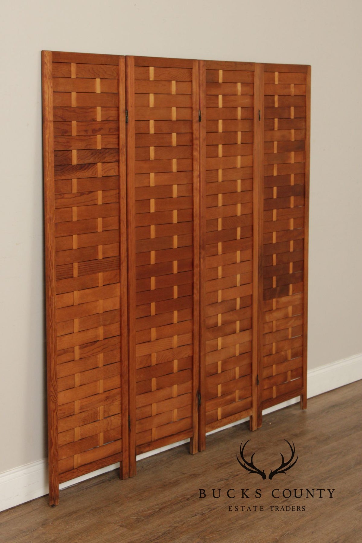 Mid Century Modern Woven Wood Four-Panel Screen