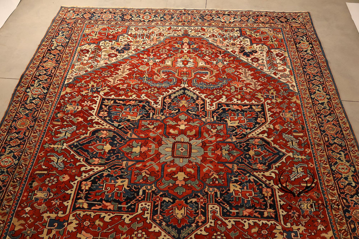 Antique Hand Knotted Persian Heriz Room Size Rug  12' X 15'