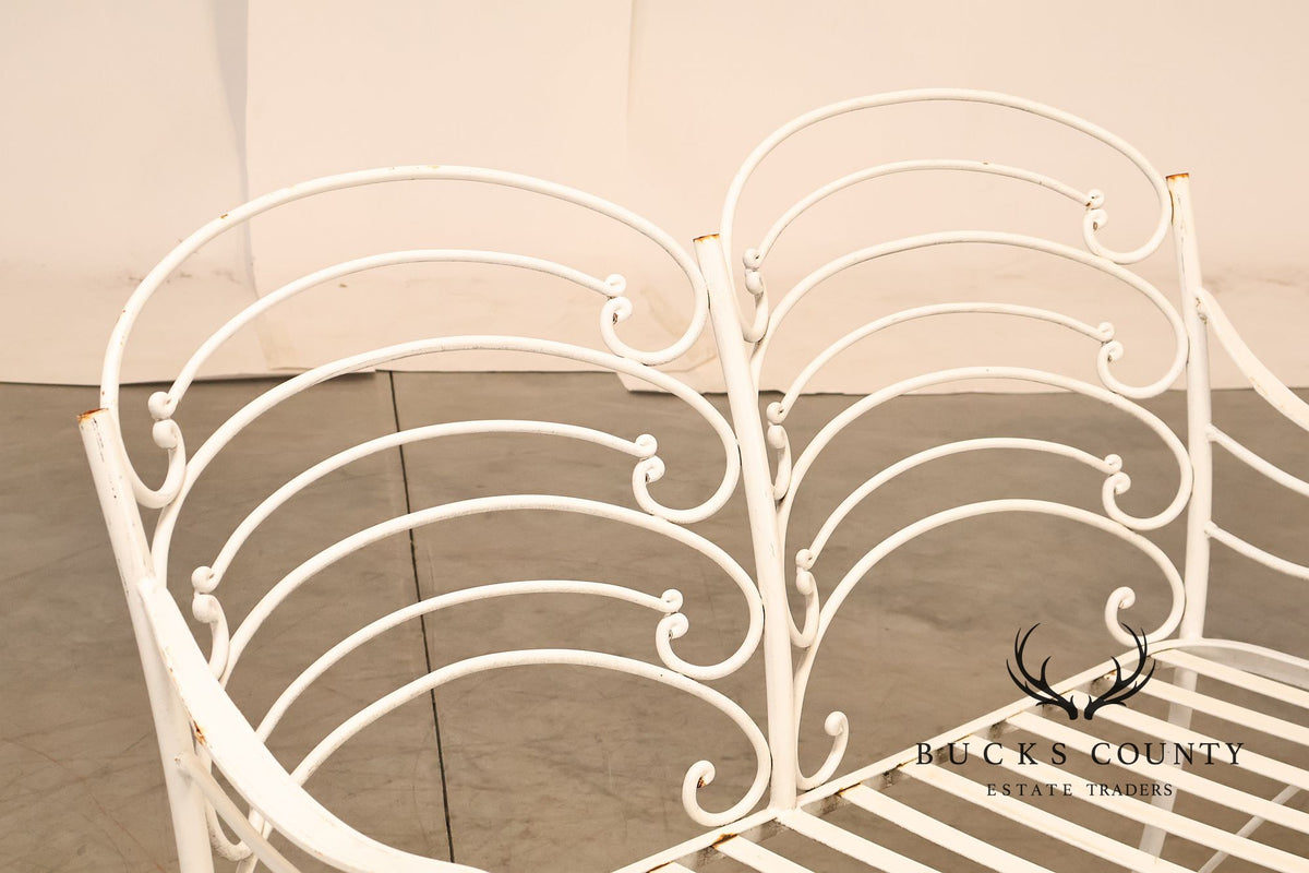 Woodard Vintage White Painted Wrought Iron Garden Bench With Scrollwork Back