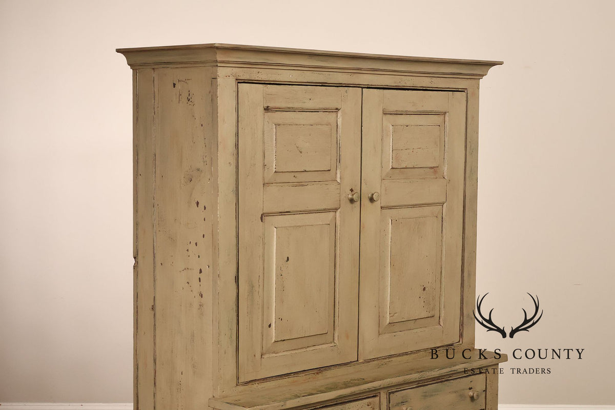 Vintage Distressed Painted Pine Step-Back Cupboard Cabinet