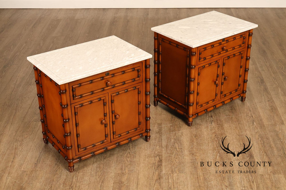 Williams Sonoma Pair of Marble Top Faux Bamboo Nightstands