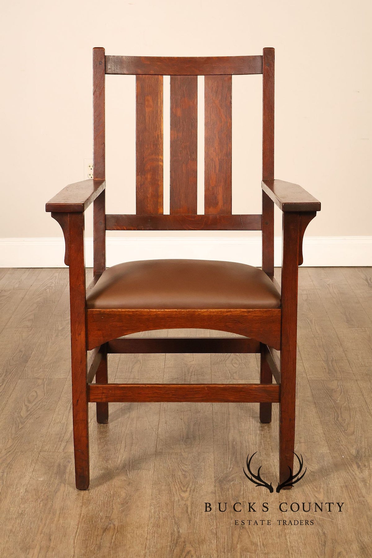 Antique  Gustav Stickley Harvey Ellis Arts And Crafts Mission Oak And Leather Armchair