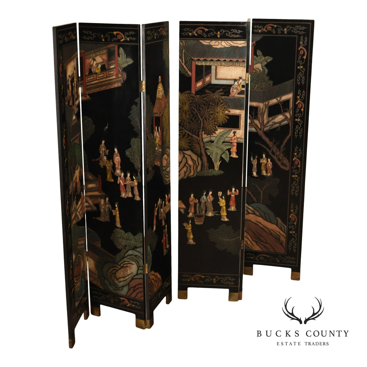 Asian Style Black Vintage Lacquer Six Panel Folding Screen