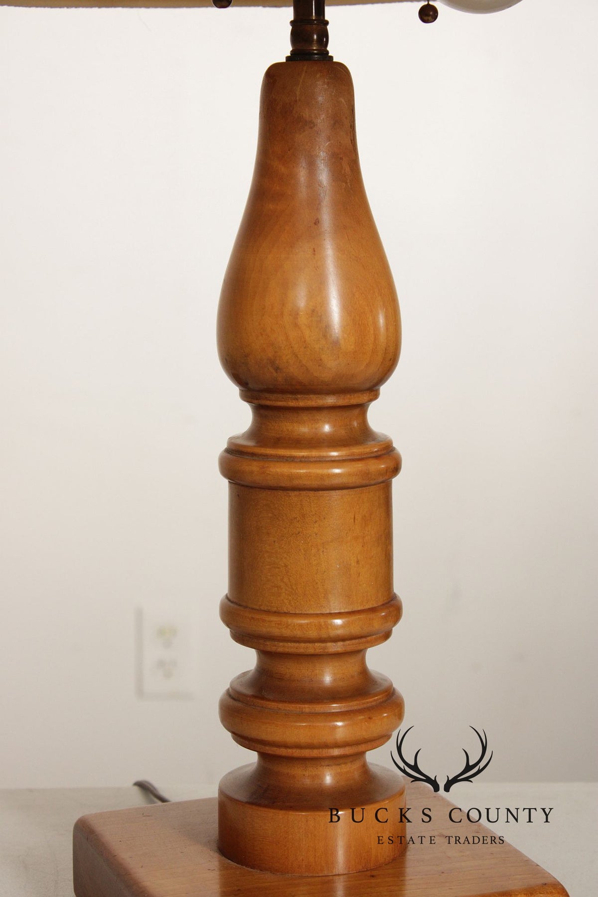 Colonial Revival Pair of Turned Cherry Wood Table Lamps